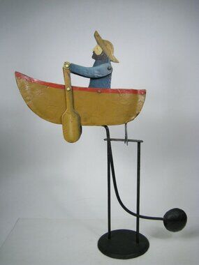 Vintage Authentic Models Kinetic Balancing Man Rowing Boat Metal Toy Rowboat